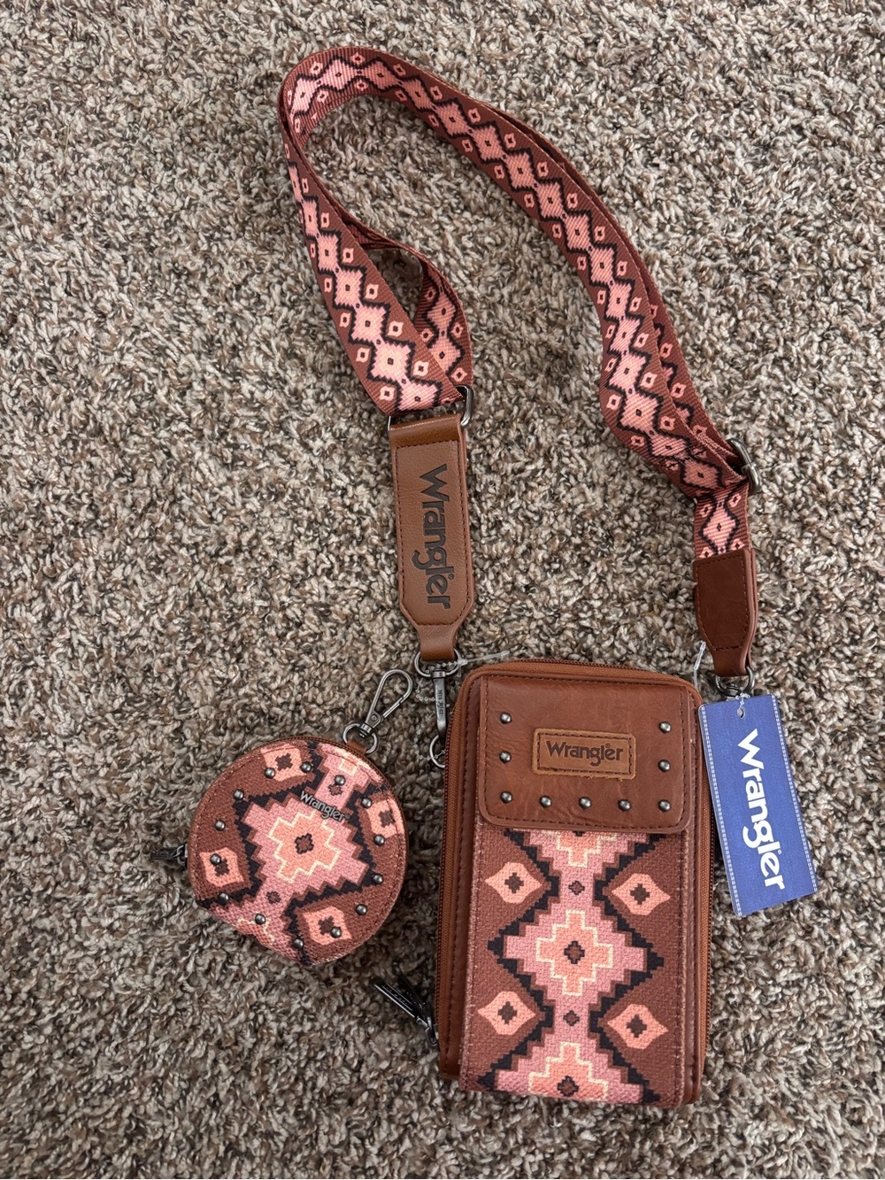 Wrangler Pink and Brown Aztec Crossbody Phone Wallet with Coin Pouch